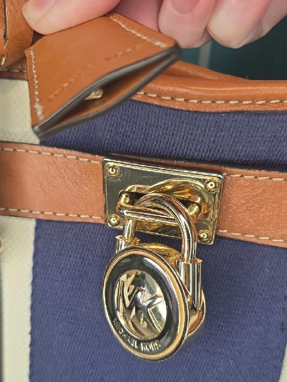 Michael Kors Hamilton MonoNavy and Tan Stripe Canvas Tote with Gold Hardware - Picture 3 of 14